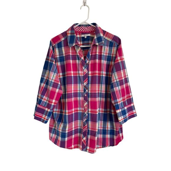 Foxcroft shaped pink plaid button up shirt collared 3/4 sleeves stretch 20w - Picture 1 of 8